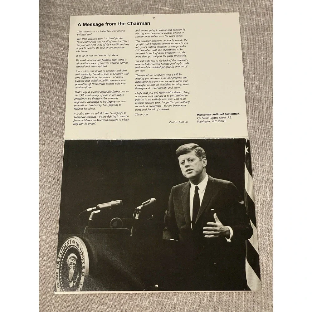 1986 JFK John F Kennedy Democratic National Committee Calendar